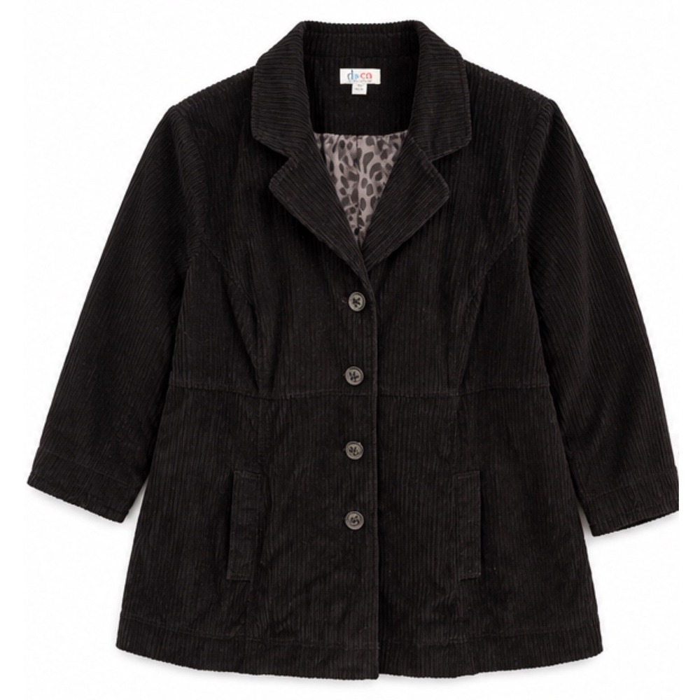 Denim & Co Black Corduroy Jacket Women 3X Leopard Lining Button Front Longline